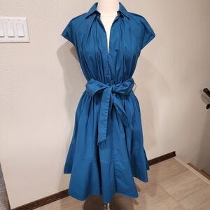 eShakti Cotton Poplin Blouson Midi Dress Dark Teal Classic Flare size Large 12
